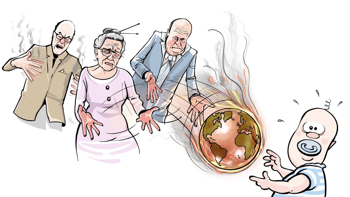 Tre äldre personer kastar ett brinnande jordklot till ett spädbarn