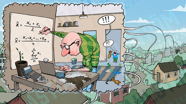 Man vid ett skrivbord omgiven av matematiska formler och ett bostadsområde