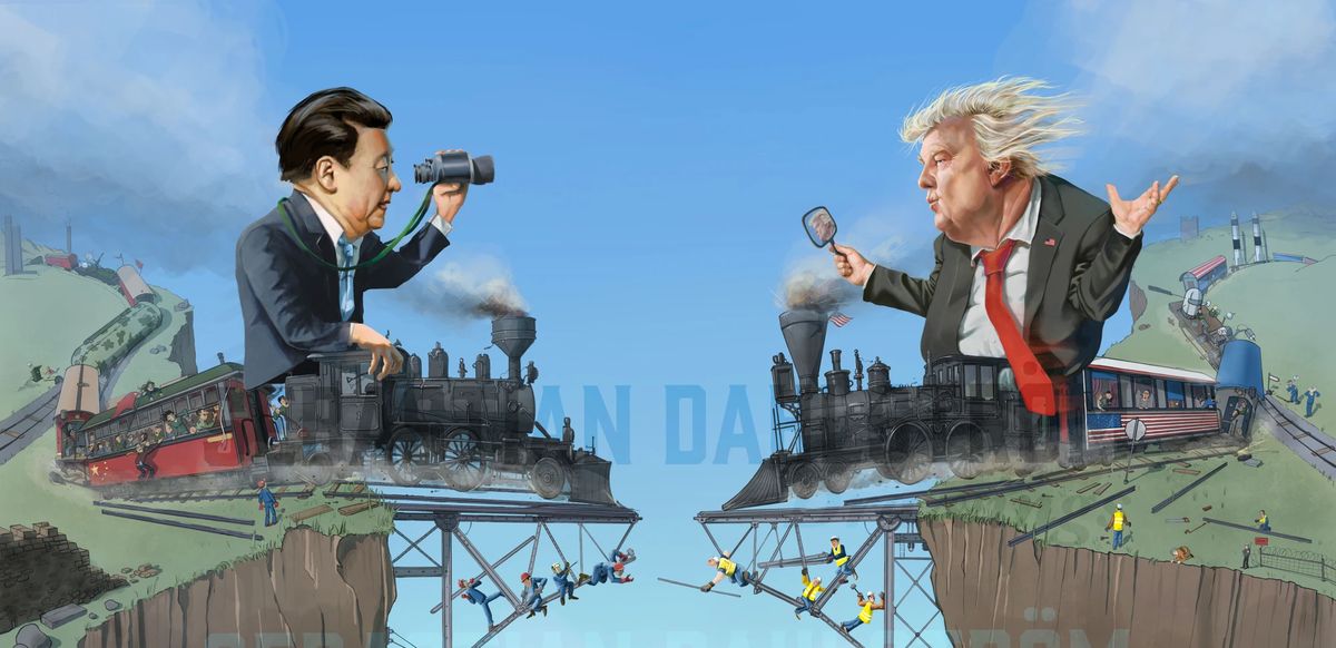 Karikatyr av Donald Trump och Xi Jinping på varsitt tåg mot ett brofäste