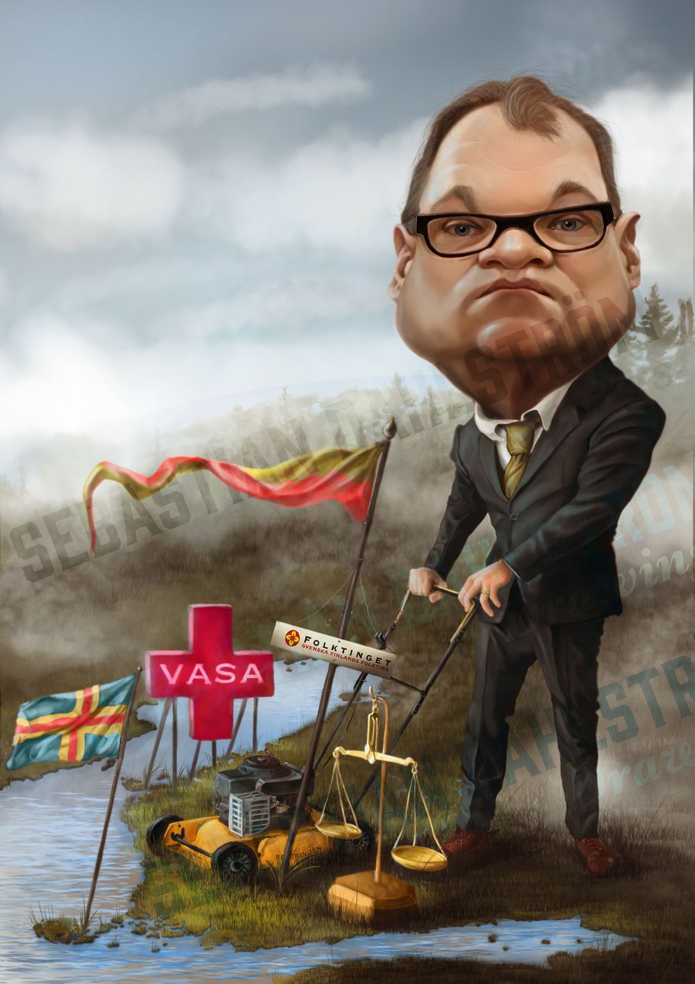 Karikatyr av Juha Sipilä med vågskål och rollator