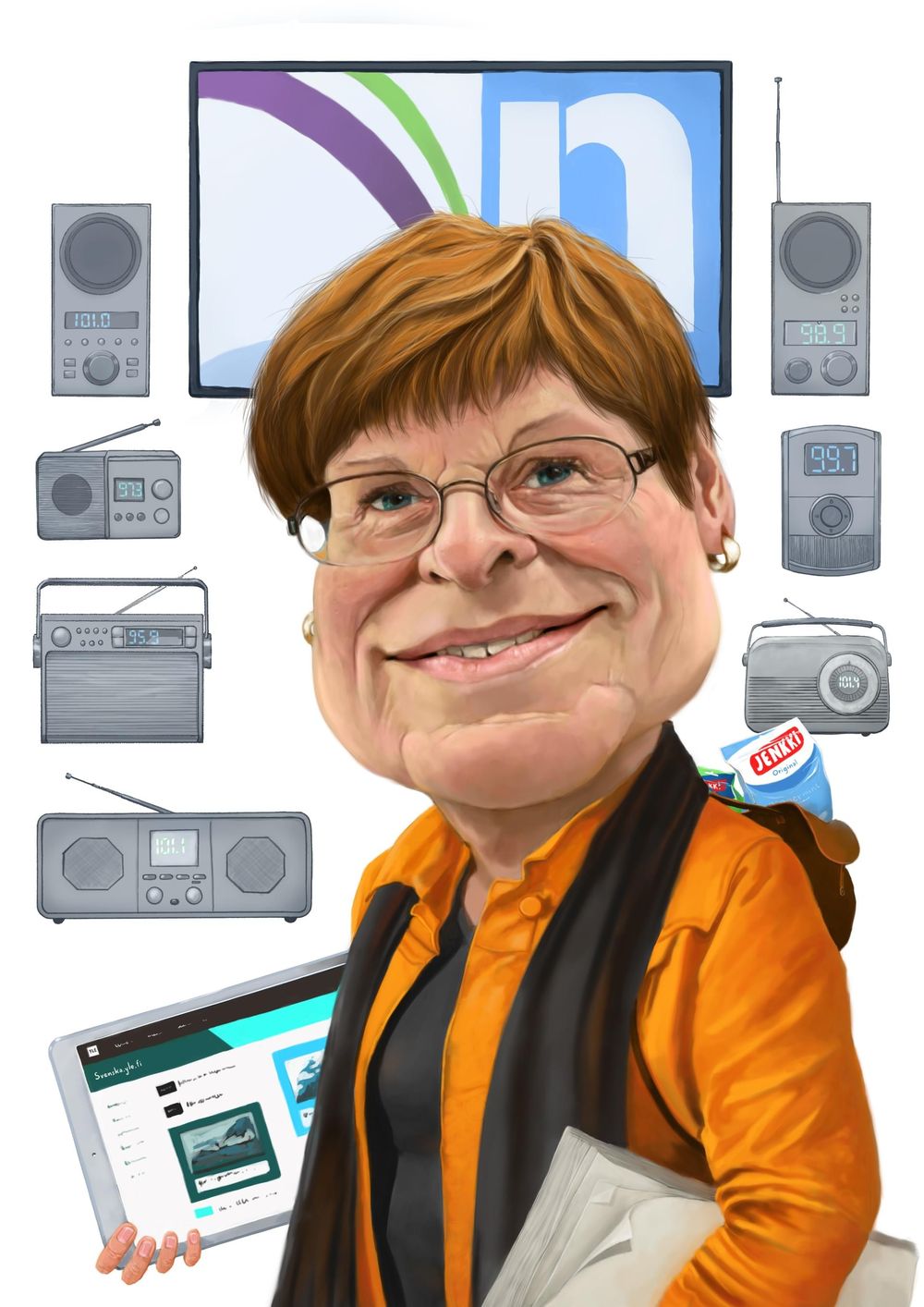 Karikatyr av Kerstin Häggblom omgiven av radioapparater
