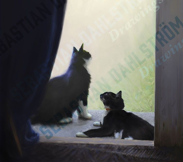 Två katter i en dörröppning i motljus, digitalt måleri