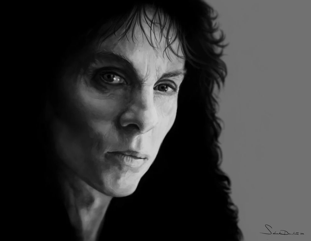 Svartvitt porträtt av Ronnie James Dio